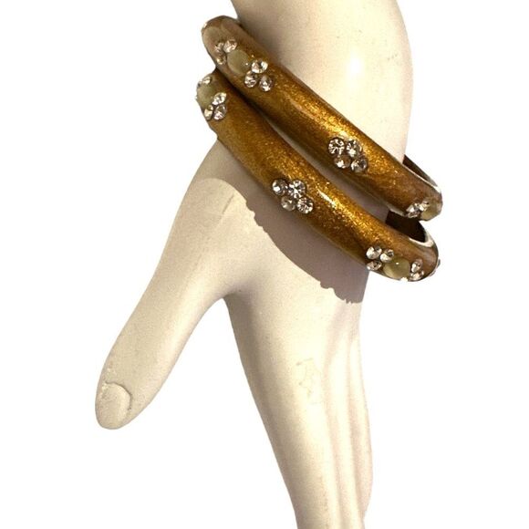 Vtg pair gold metallic crystal moonstone bangle bracelets - Picture 3 of 10